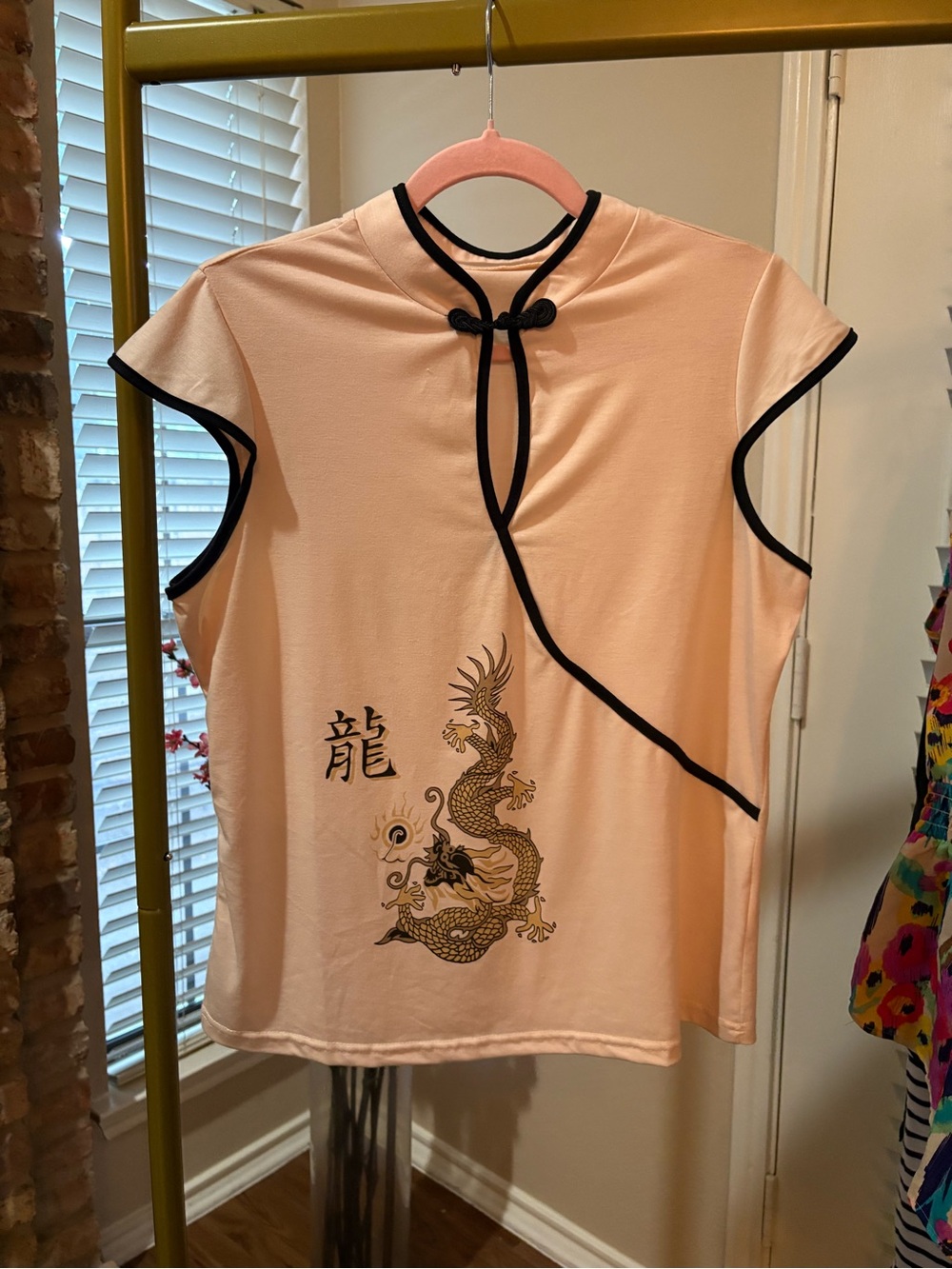 Tan Dragon-Print Mandarin Collar Top with Black Trim